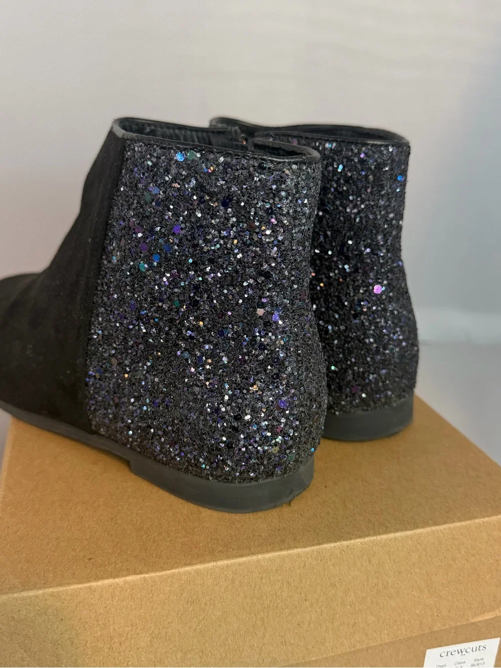 Crewcuts Black Suede Ankle Boots with Glitter Heel